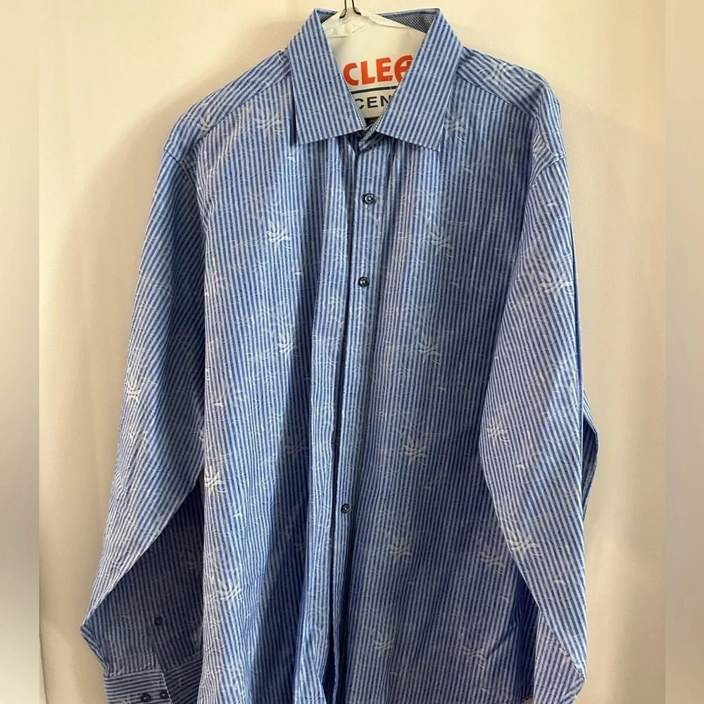 Bugatchi Men Large Classic Fit Long Sleeve Blue Striped Shirt